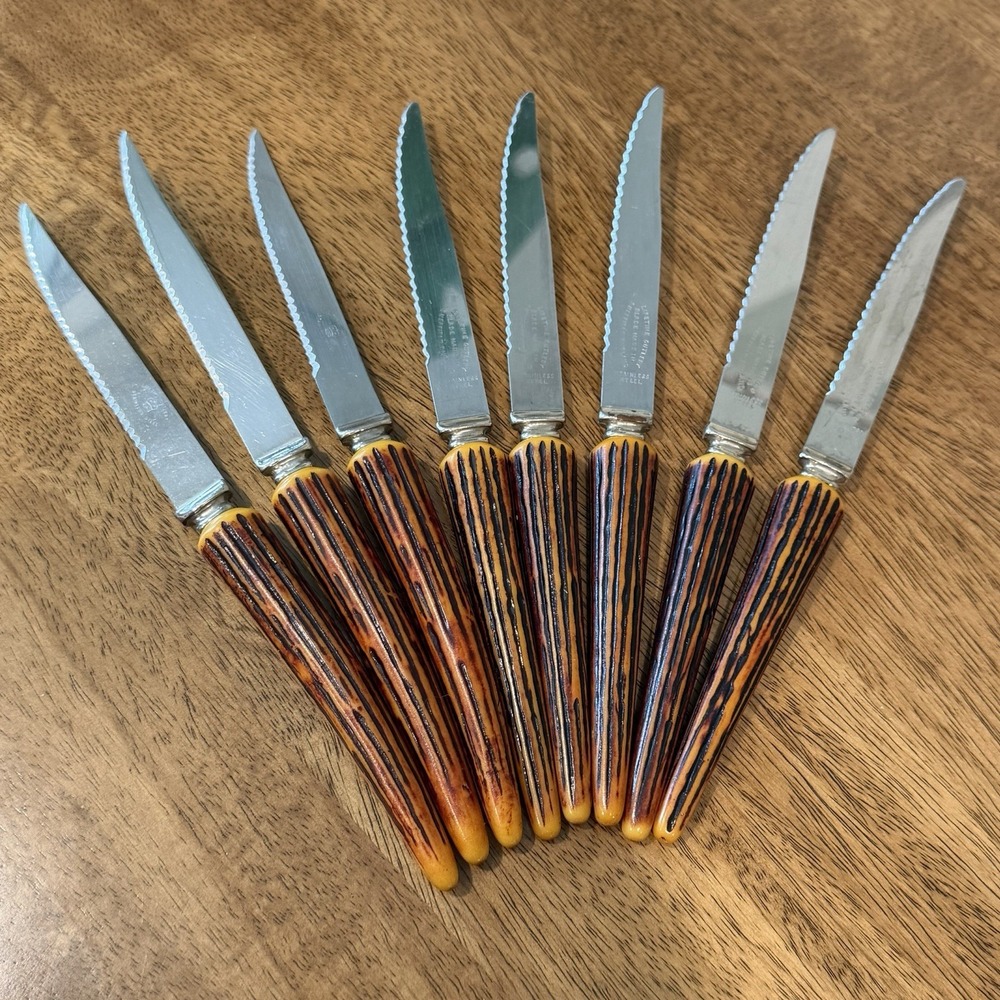 VTG Lifetime Cutlery Stainless Serrated Knives Steak Set of 8 Faux Antler Handle
